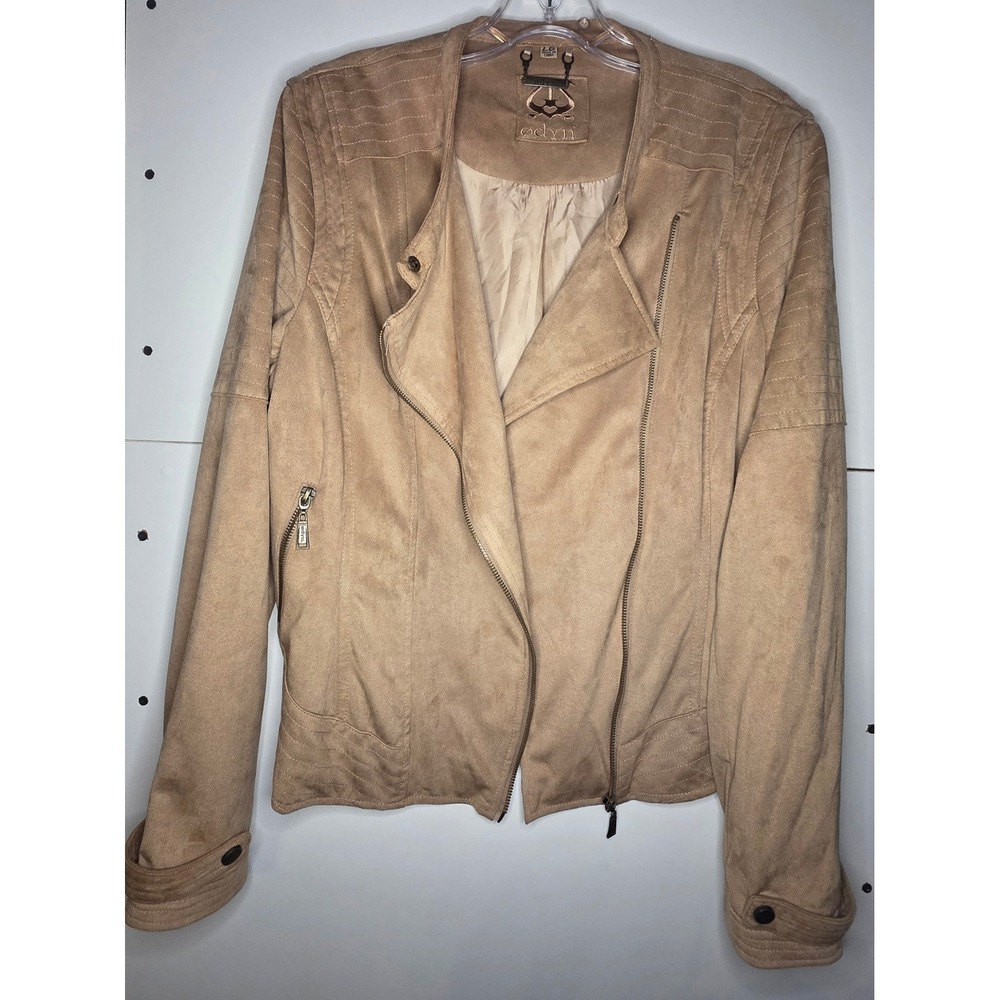 591 Odyn Womens Tan Faux Suede Moto Jacket Asymmetrical Zip Quilted Shoulder LG